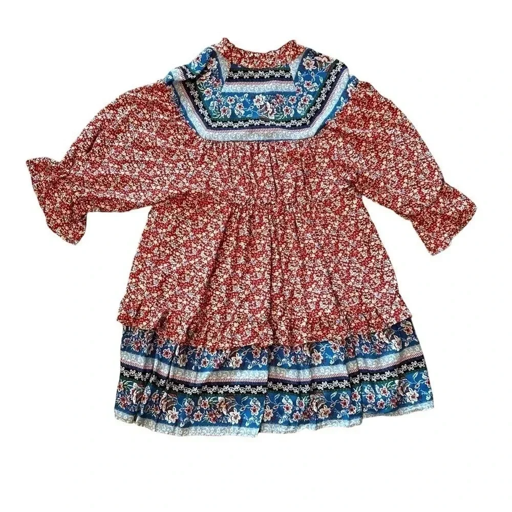Umgee Tiered Floral Dress Women’s Medium Brick Red Navy‎ EUC